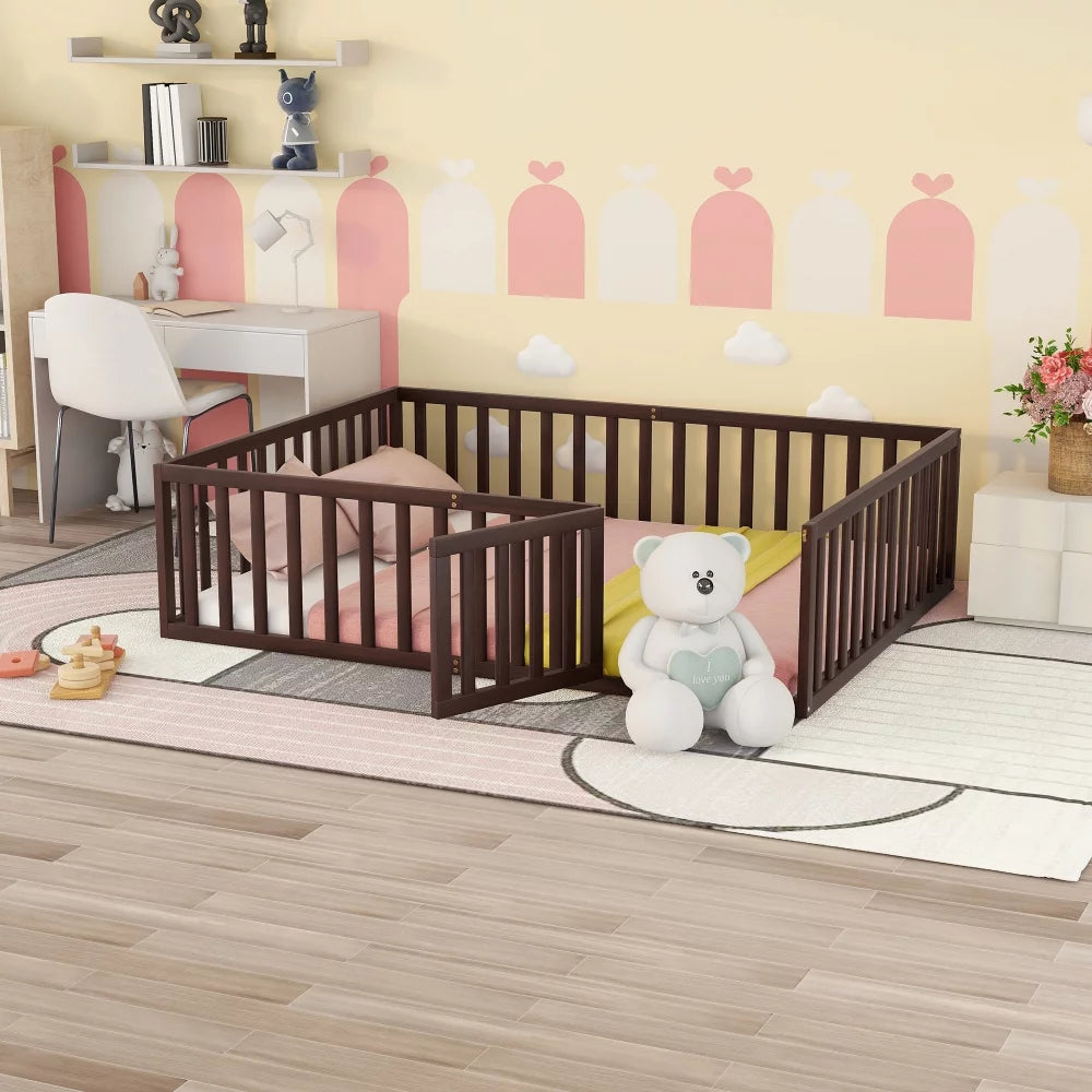 Queen Size Solid Wood Floor Bed Frame with Fence Rail and Door T50543