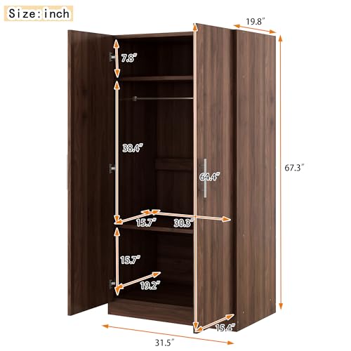 Brown Wooden Armoire Closet with 3-Shelves and Hanging Rail E972946