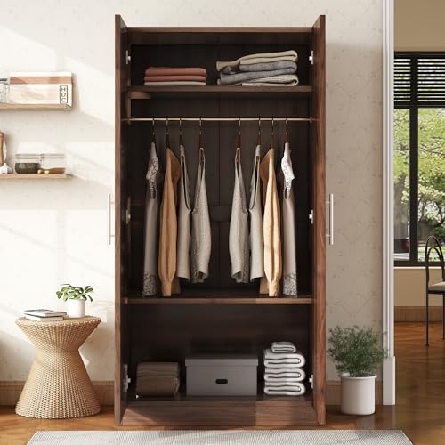 Brown Wooden Armoire Closet with 3-Shelves and Hanging Rail E972946
