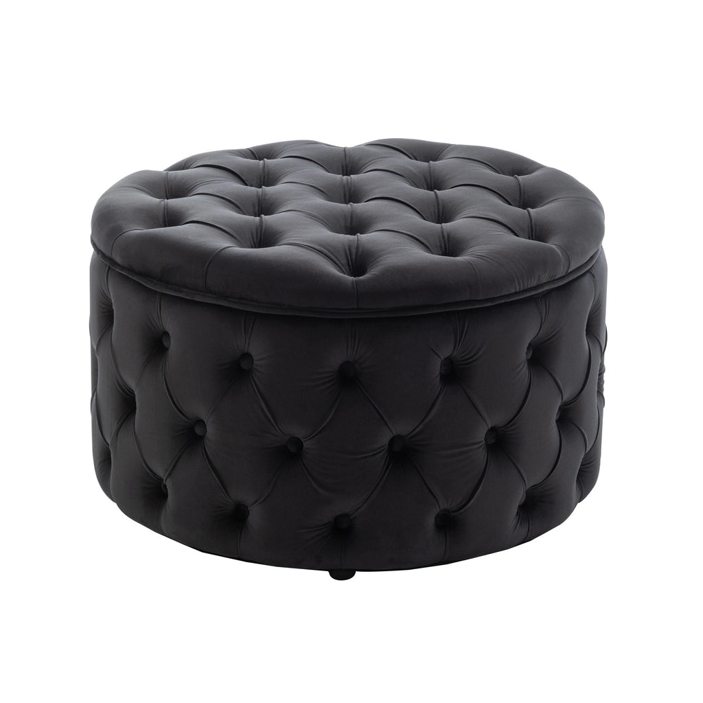 Black Velvet Round Storage Ottoman I428
