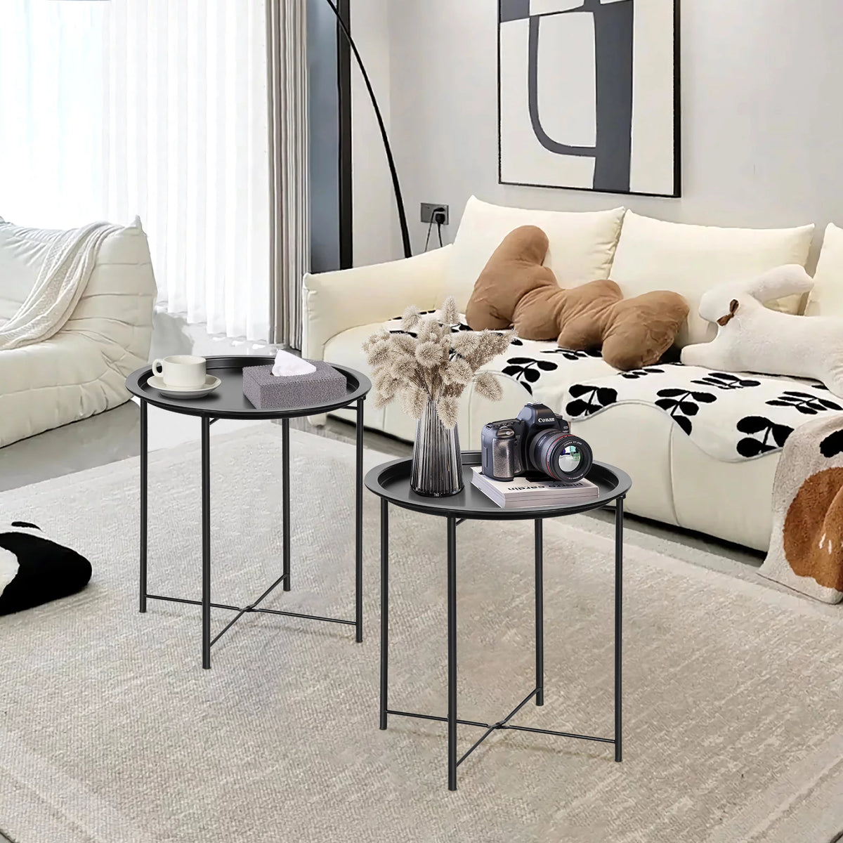 Set of 2 Round Folding Metal Side Table with Removable Tray, Black Z289801