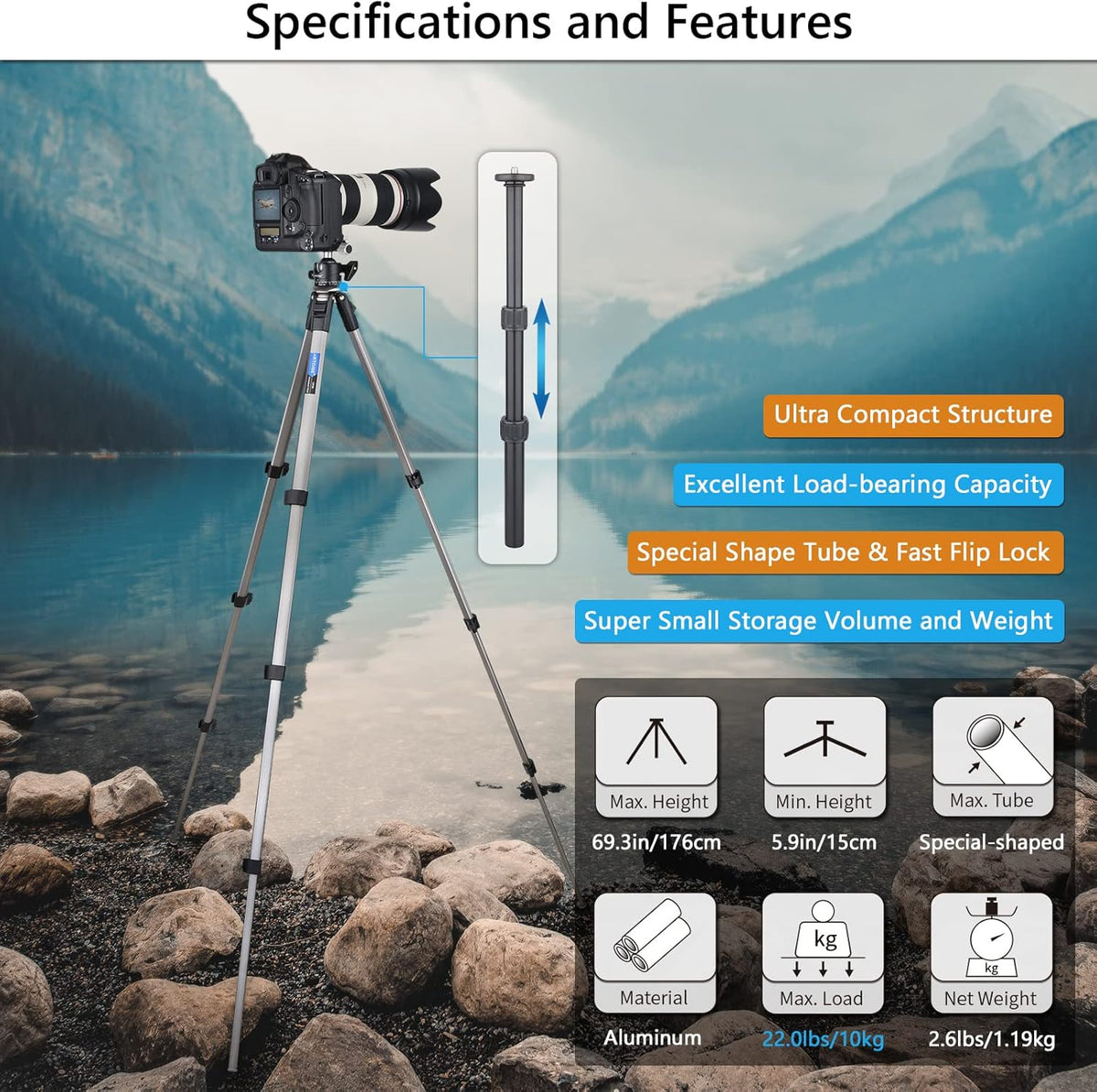 Camera Tripod Ultra Compact with 36MM Low Profile Ball Head, 10kg/22lb Load, Wireless Remote, Pack of 2 U203440