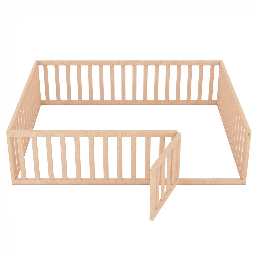 Queen Size Solid Wood Floor Bed Frame with Fence Rail and Door T50543
