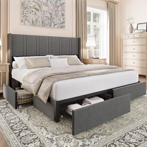 King Size Linen Upholstered Platform Bed Frame with 4 Storage Drawers W389470