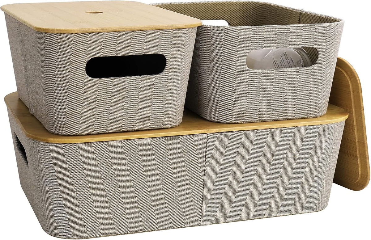 Light Gray Tweed Fabric Storage Basket Set of 3 with Bamboo Lid R5733