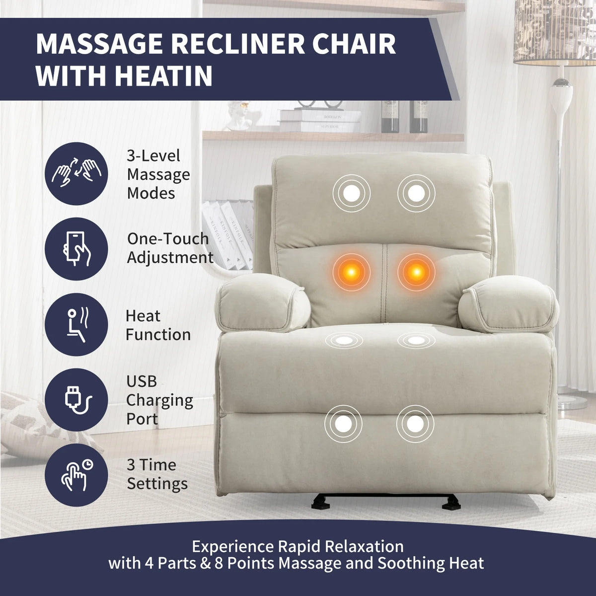 Beige Velour Recliner Chair with Heat Vibration P987