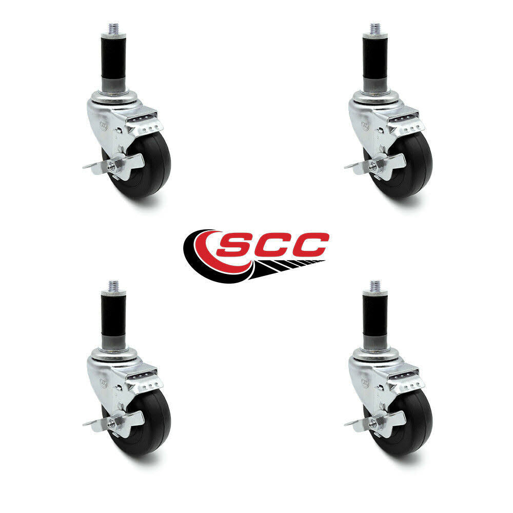 3 x 1.25 inch Hard Rubber Wheel Swivel Casters with Expanding Stem with Brake, Set of 4 G215013
