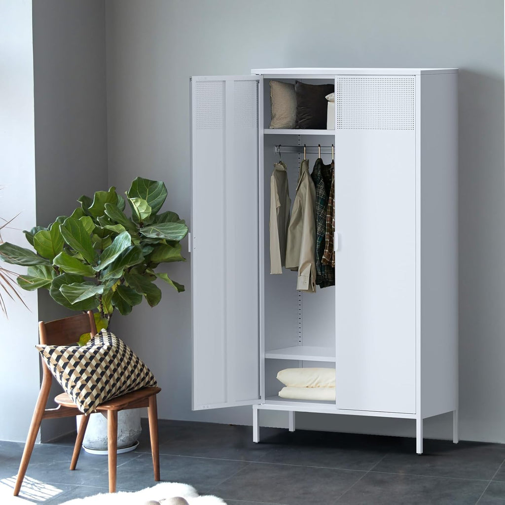 Metal Storage Cabinet with Adjustable Shelf & Removable Hanging Rods J719047