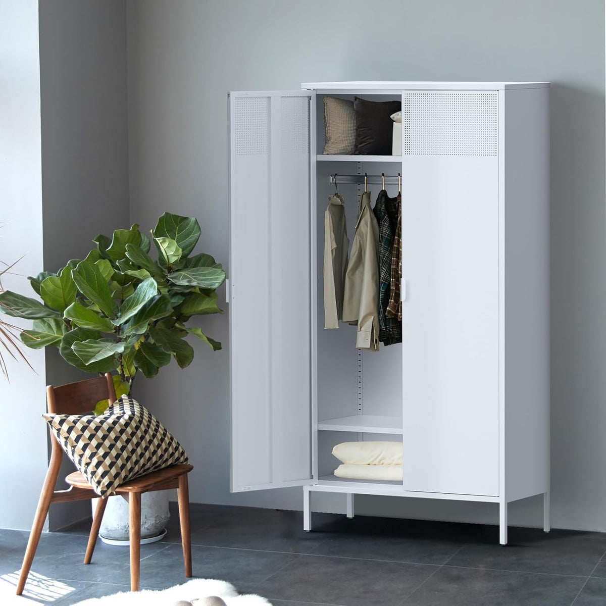Metal Storage Cabinet with Adjustable Shelf & Removable Hanging Rods J719047