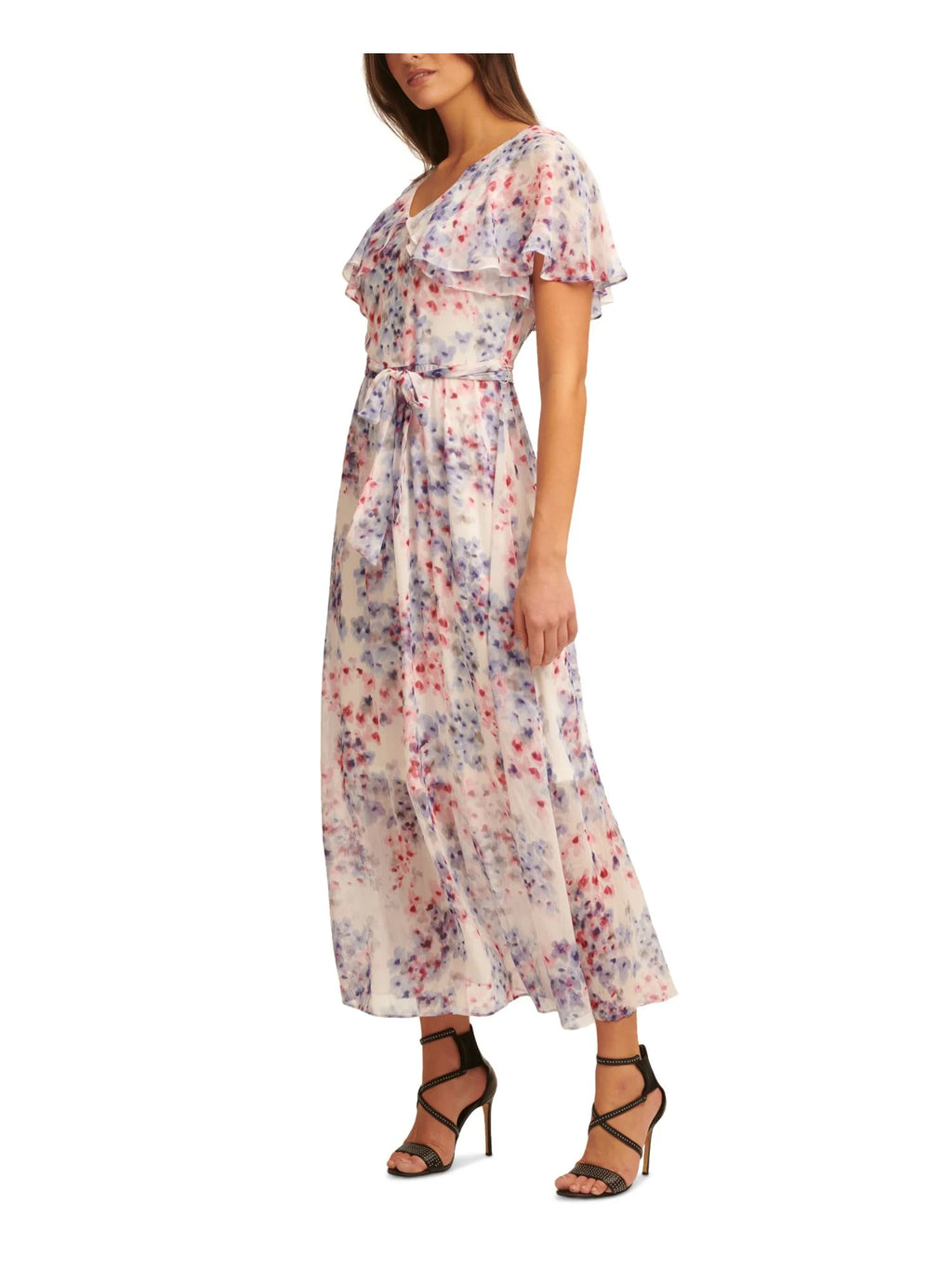Ivory Floral Flutter Sleeve V Neck Maxi Dress U775090