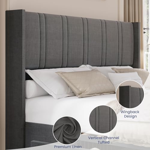 King Size Linen Upholstered Platform Bed Frame with 4 Storage Drawers W389470