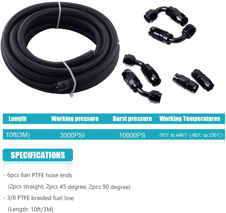 10FT 6 AN 3/8" Nylon Stainless Steel Braided PTFE E85 Fuel Line Fittings Kit with 6PCS Swivel Adapters Pack of 2 W59275