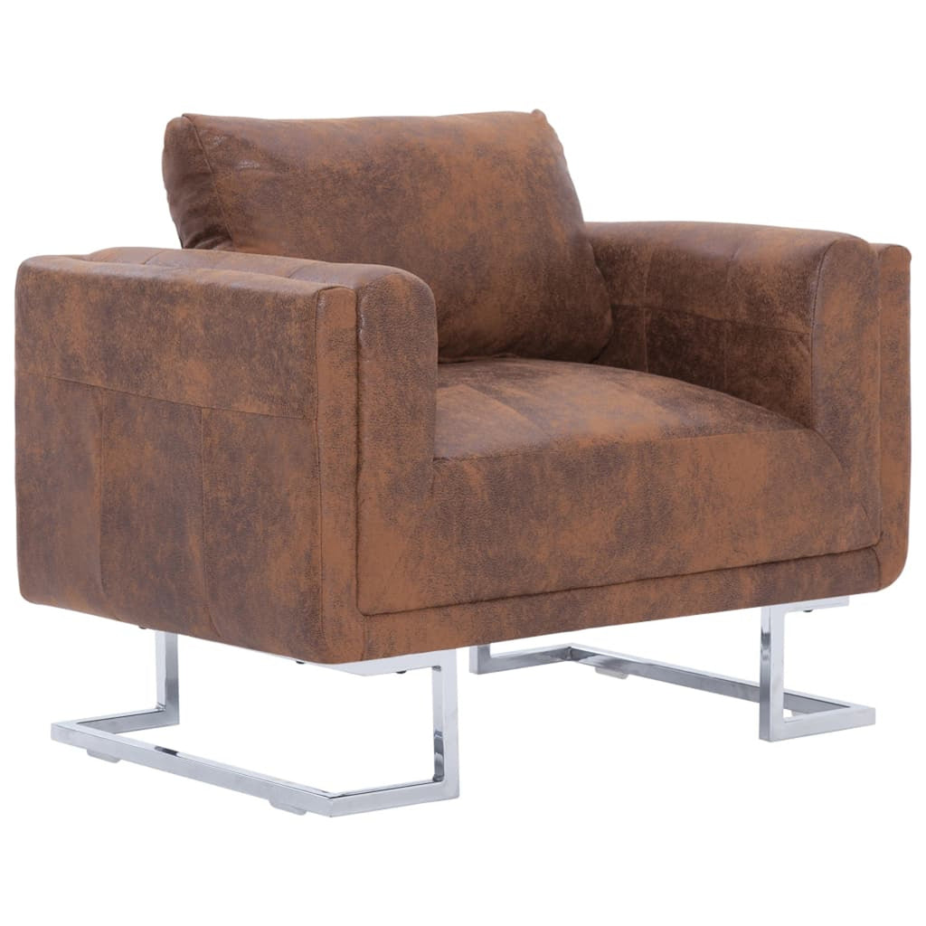 Cube Armchair Faux Suede Leather Upholstery Chair with Chrome Feet Brown G959