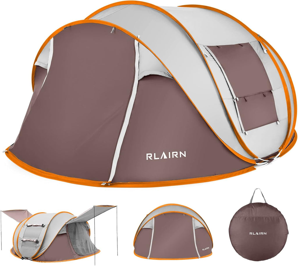 4 Person Pop Up Tent with 2 Mesh Windows & Doors Waterproof Brown Q655