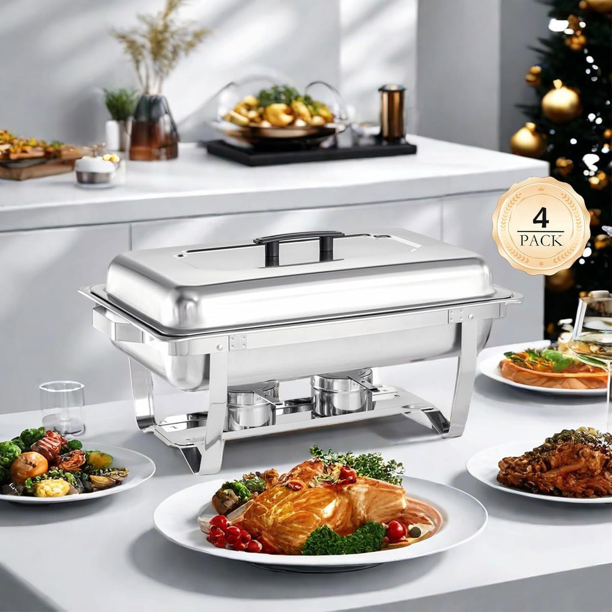 8 Quart Stainless Steel Chafer Buffet Set - 4 Pack X8197
