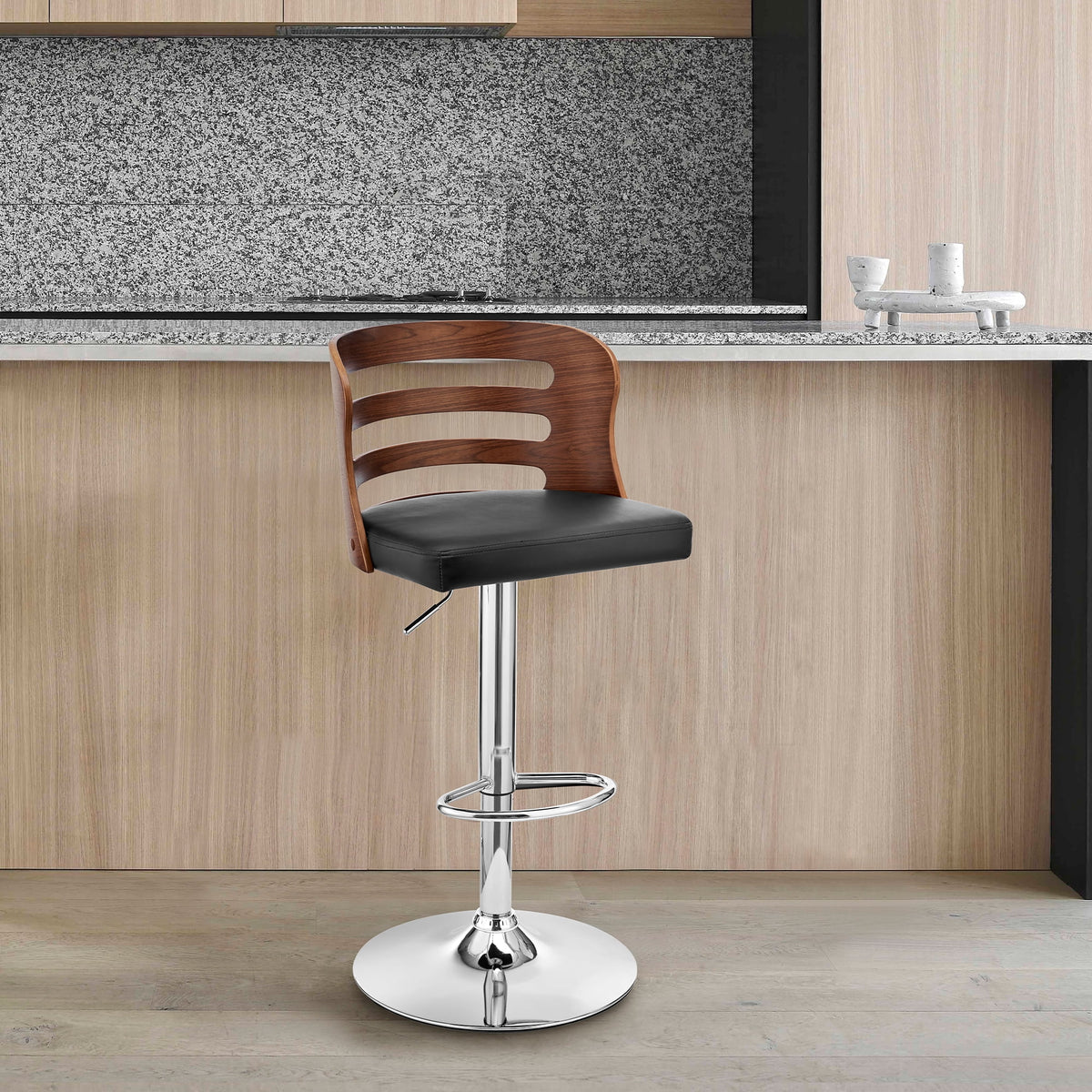 Black Faux Leather and Walnut Wood Adjustable Swivel Bar Stool V32203