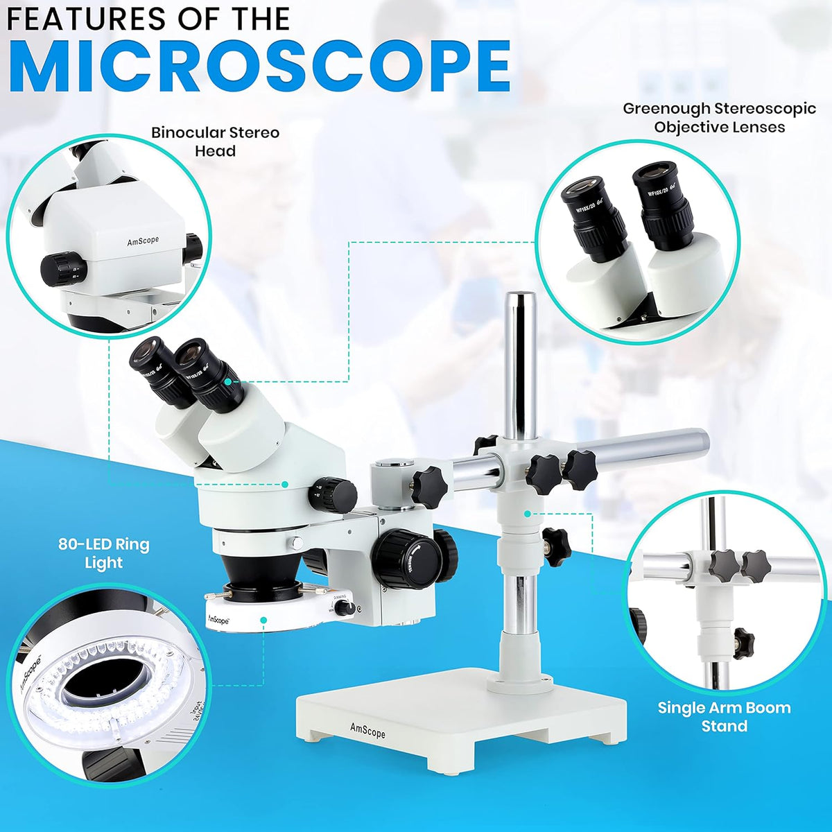 Binocular Stereo Microscope with LED Ring Light and Boom Stand F47817