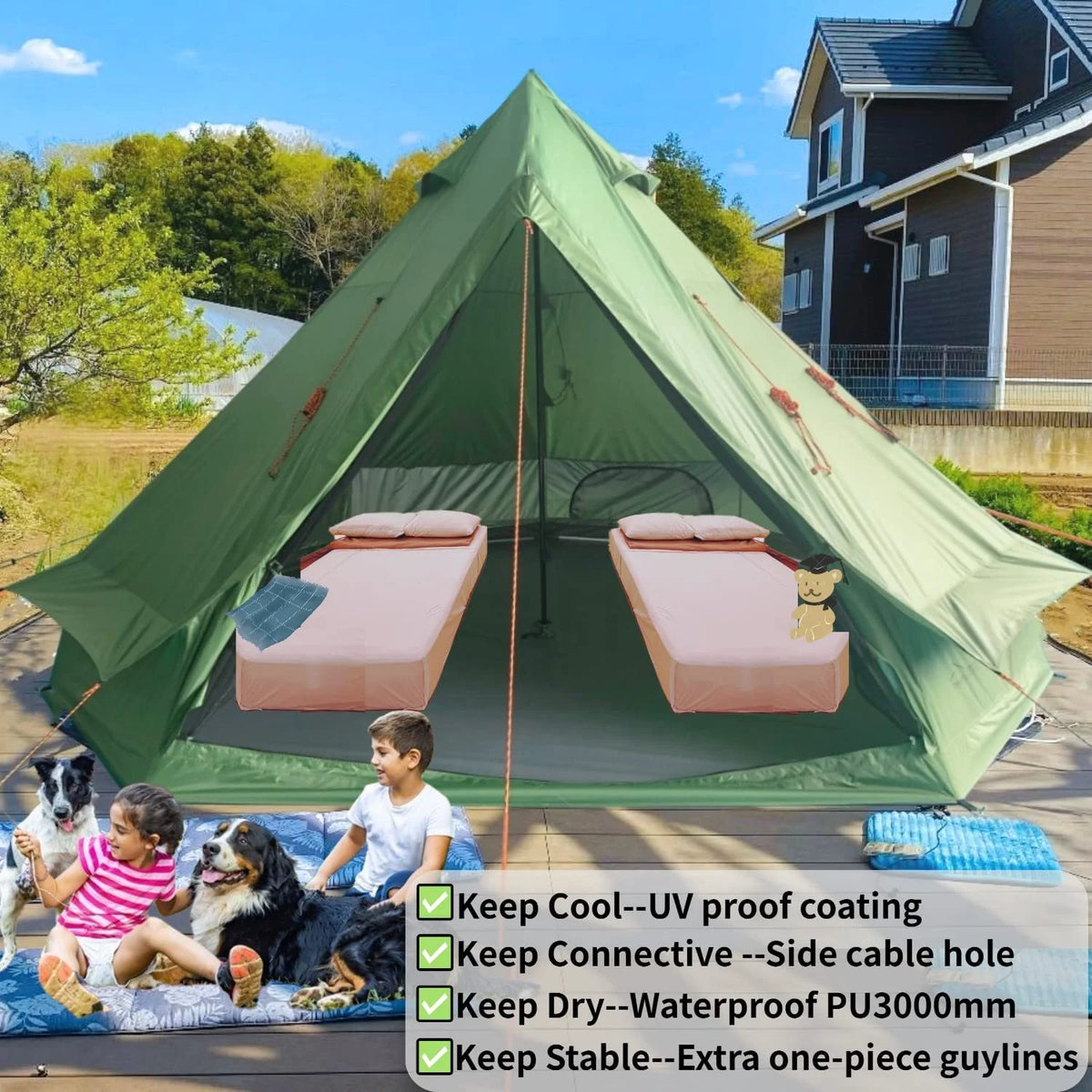 Waterproof 13.2ft/4M Green B1 Bell Tent with Black Footprint E11380