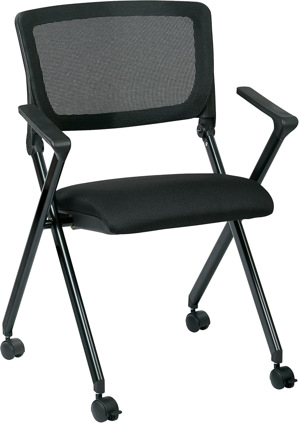 Black Mesh Back Folding Nesting Chair with Padded Fabric Seat and Casters, 2-Pack D459866