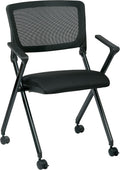 Black Mesh Back Folding Nesting Chair with Padded Fabric Seat and Casters, 2-Pack D459866