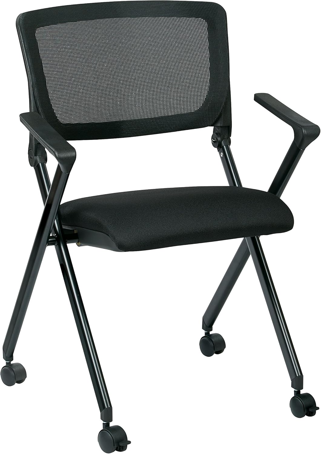 Black Mesh Back Folding Nesting Chair with Padded Fabric Seat and Casters, 2-Pack D459866