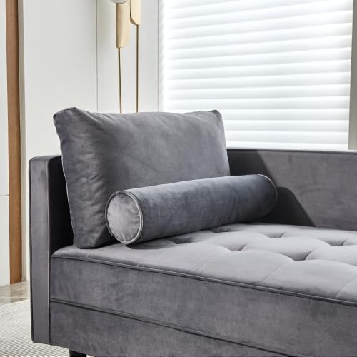 Gray Velvet Chaise Lounge Chair with Tufted Cushion O704