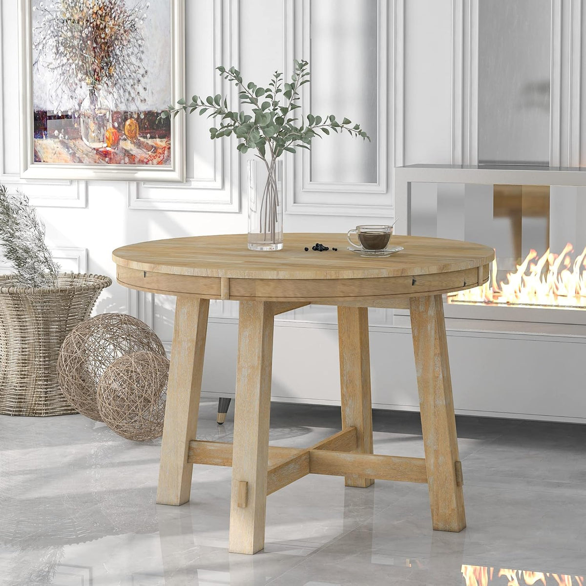 Natural Wood Wash Round Extendable Dining Table with Leaf N804