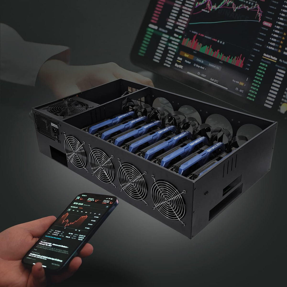 8 Ports GPU Mining Frame Case with 4 Cooling Fans Black F552427