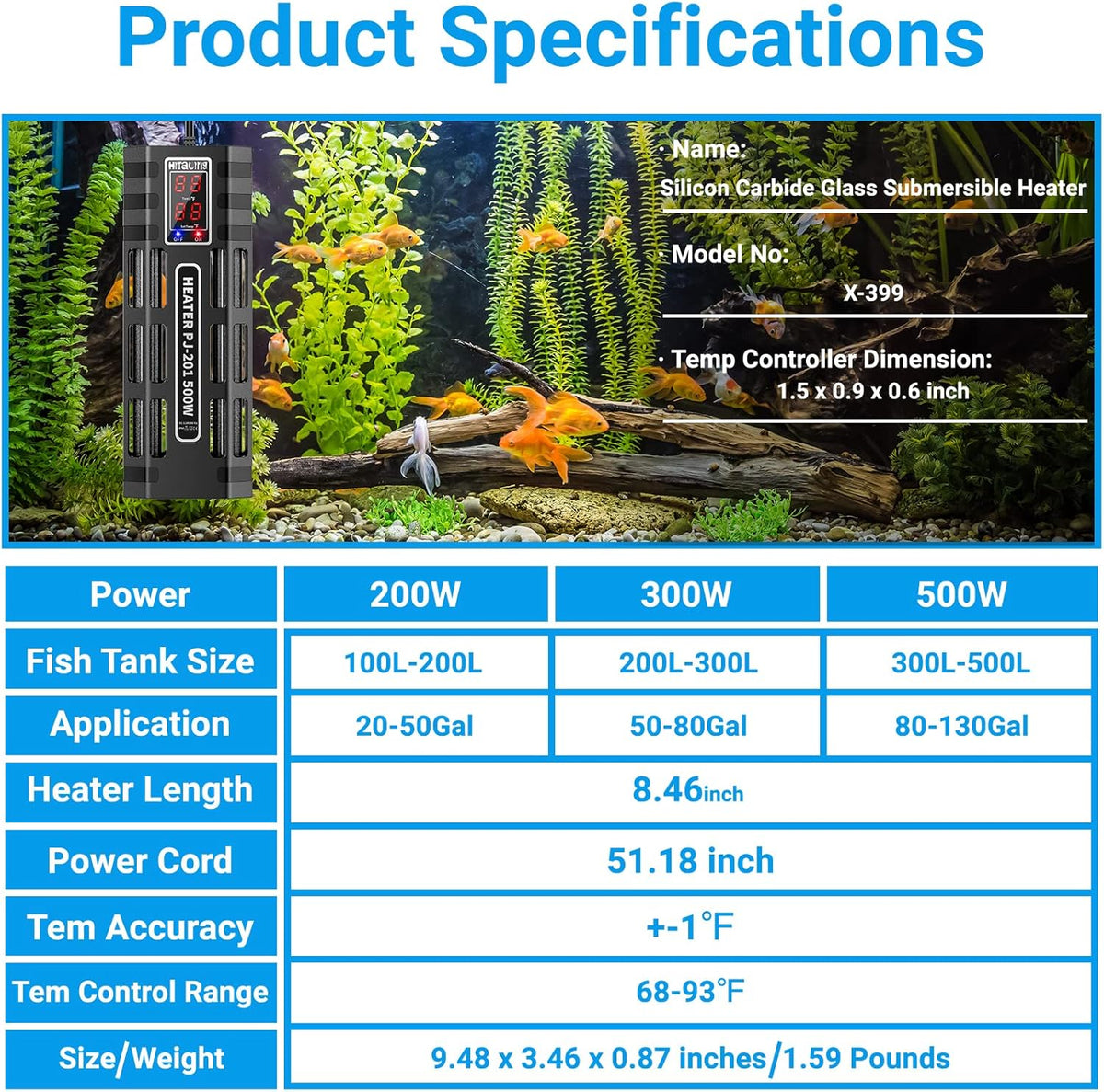 200W/300W/500W Submersible Aquarium Heater V6711
