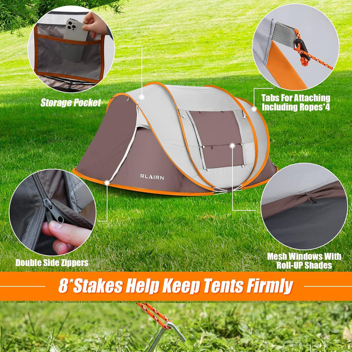 4 Person Pop Up Tent with 2 Mesh Windows & Doors Waterproof Brown Q655