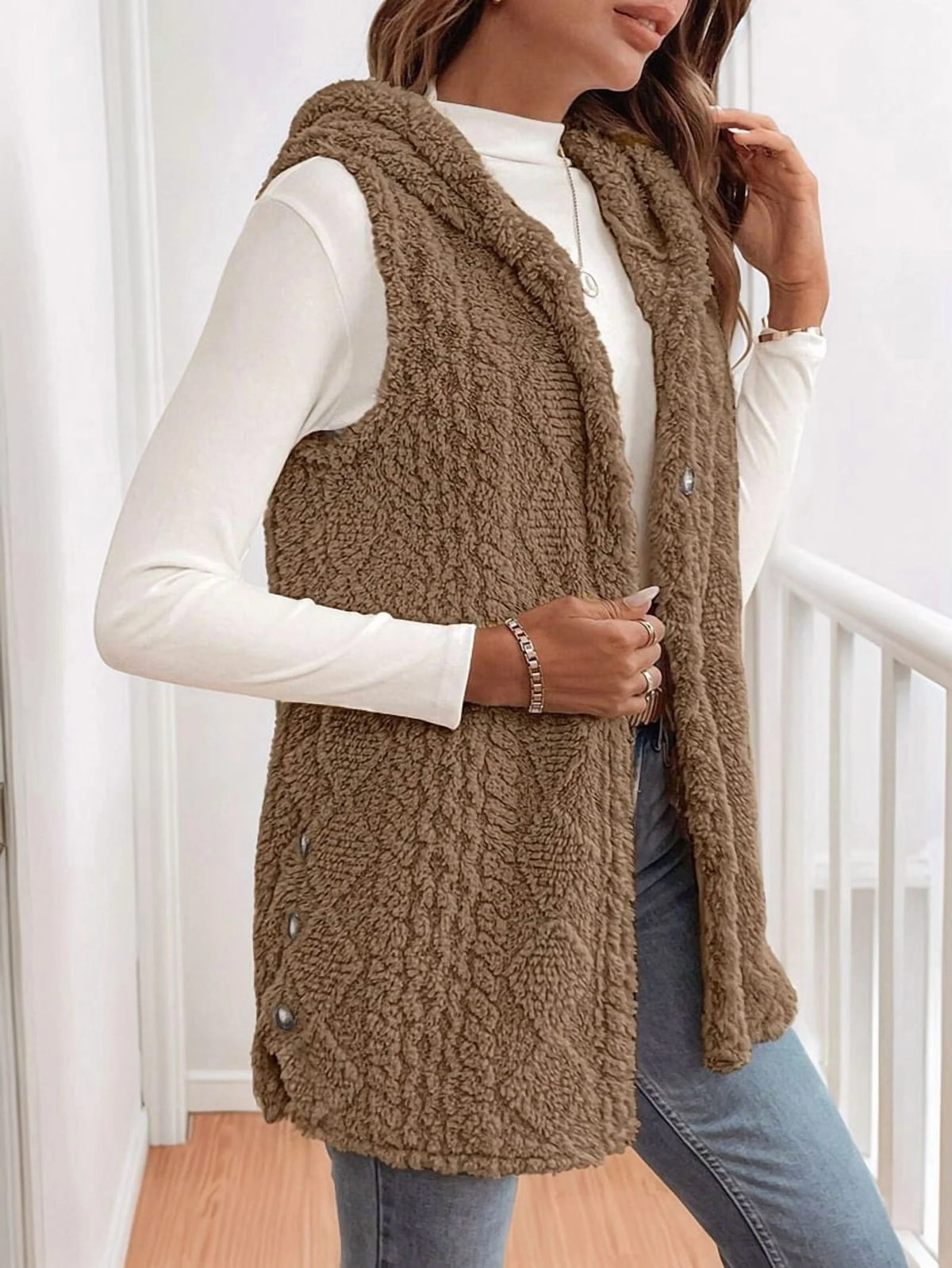 Oversized Fleece Hooded Cardigan Brown XL Y346331