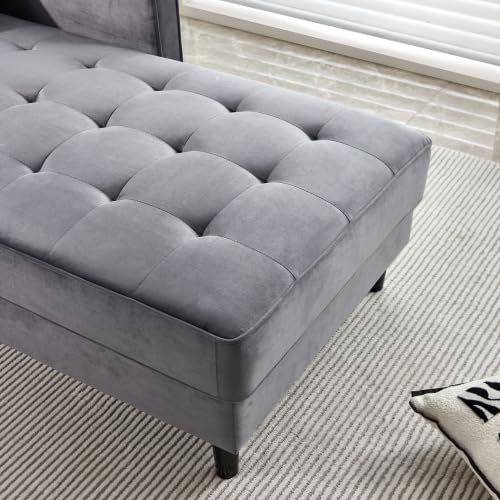 Gray Velvet Chaise Lounge Chair with Tufted Cushion O704
