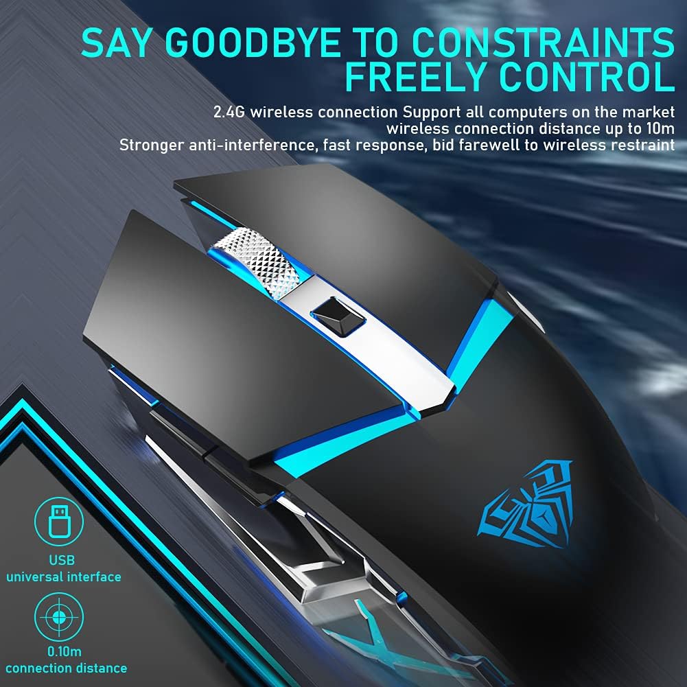 LED Wireless Gaming Mouse, 2.4G Rechargeable Ergonomic Optical, Black Pack of 2 A6970