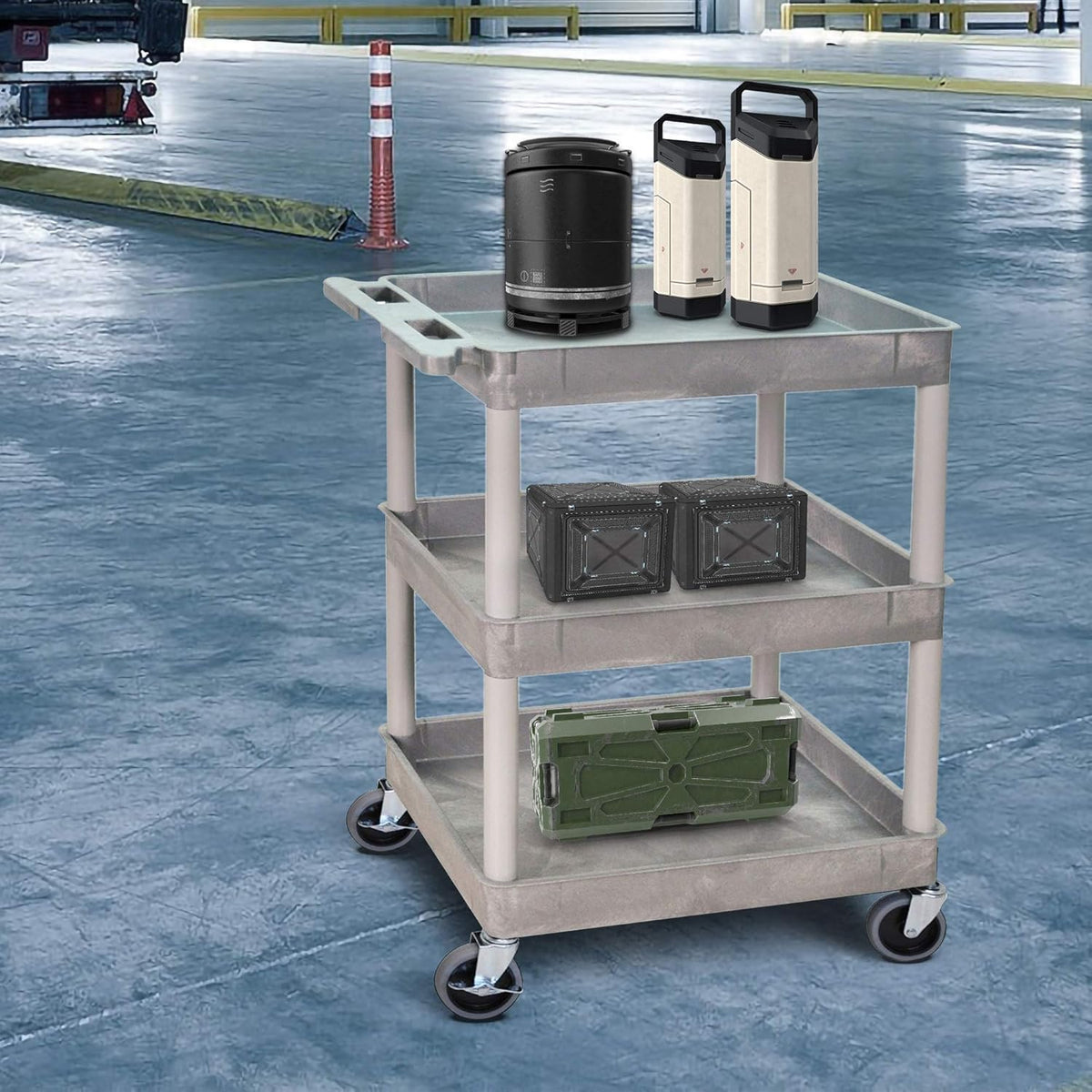 Mobile Utility Tub Cart with 3 Shelves and Push Handle Gray M788998