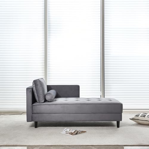 Gray Velvet Chaise Lounge Chair with Tufted Cushion O704