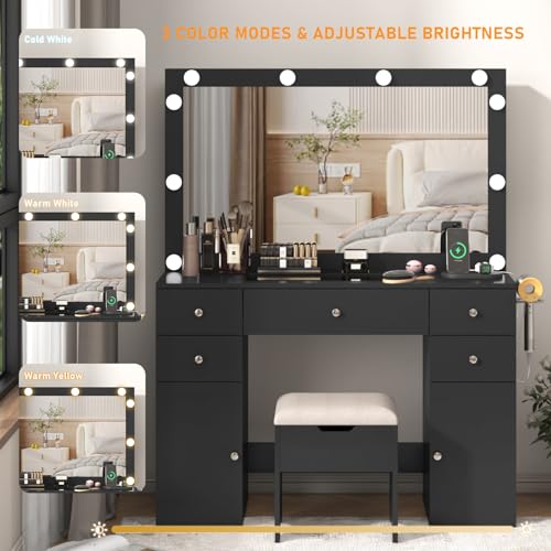 Black Vanity Desk with Lighted Mirror, 5 Drawers, 2 Cabinets, Stool, Glass Top, Sliding Jewelry Storage Shelves N289780