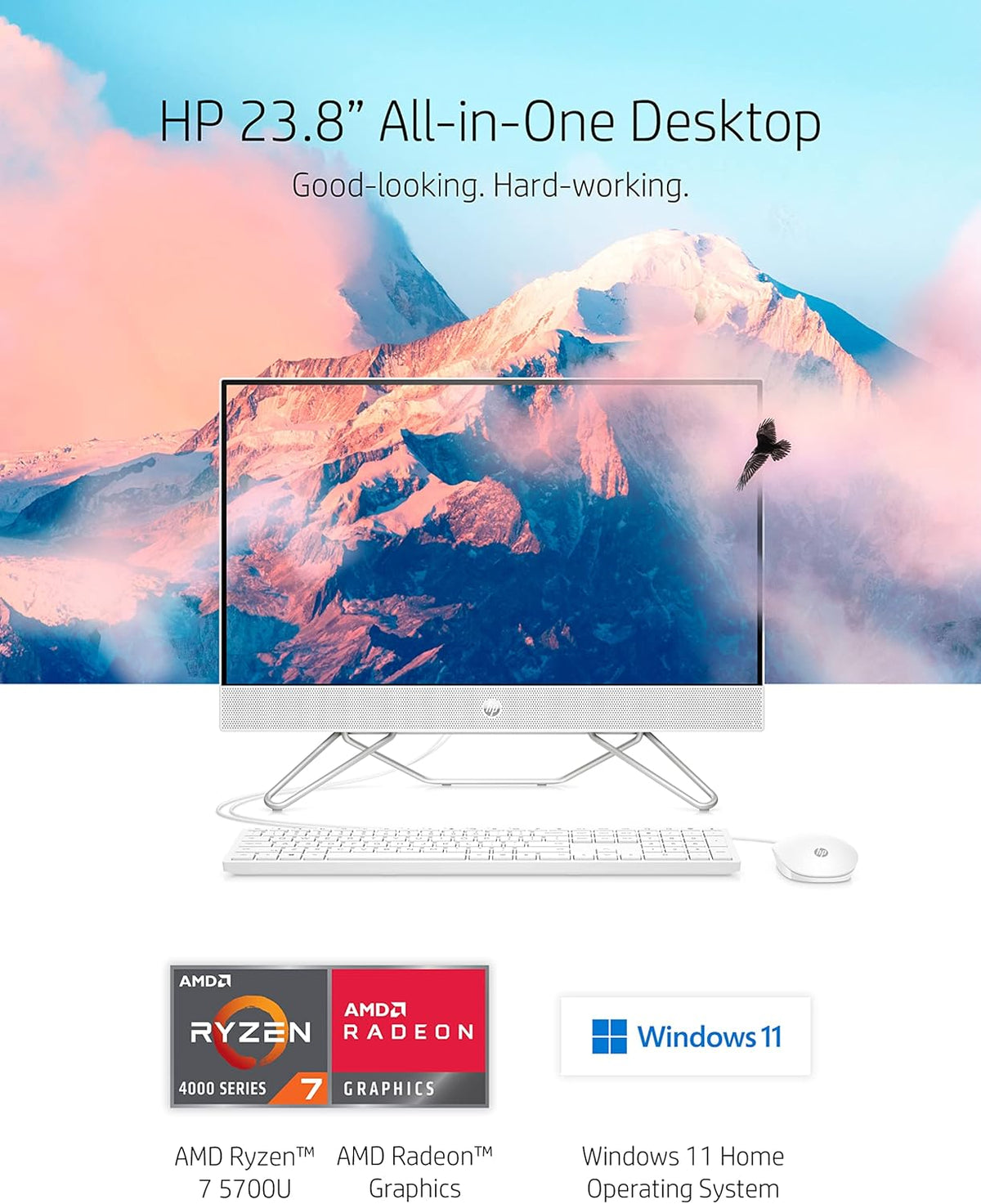 24" All-in-One Desktop, AMD Ryzen 7 5700U, 16 GB, 256 GB SSD & 1 TB Hard Drive, Full HD IPS Touchscreen, Windows 11 Home F4468