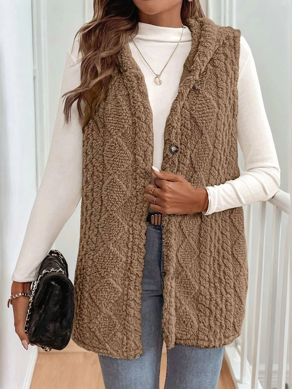 Oversized Fleece Hooded Cardigan Brown XL Y346331