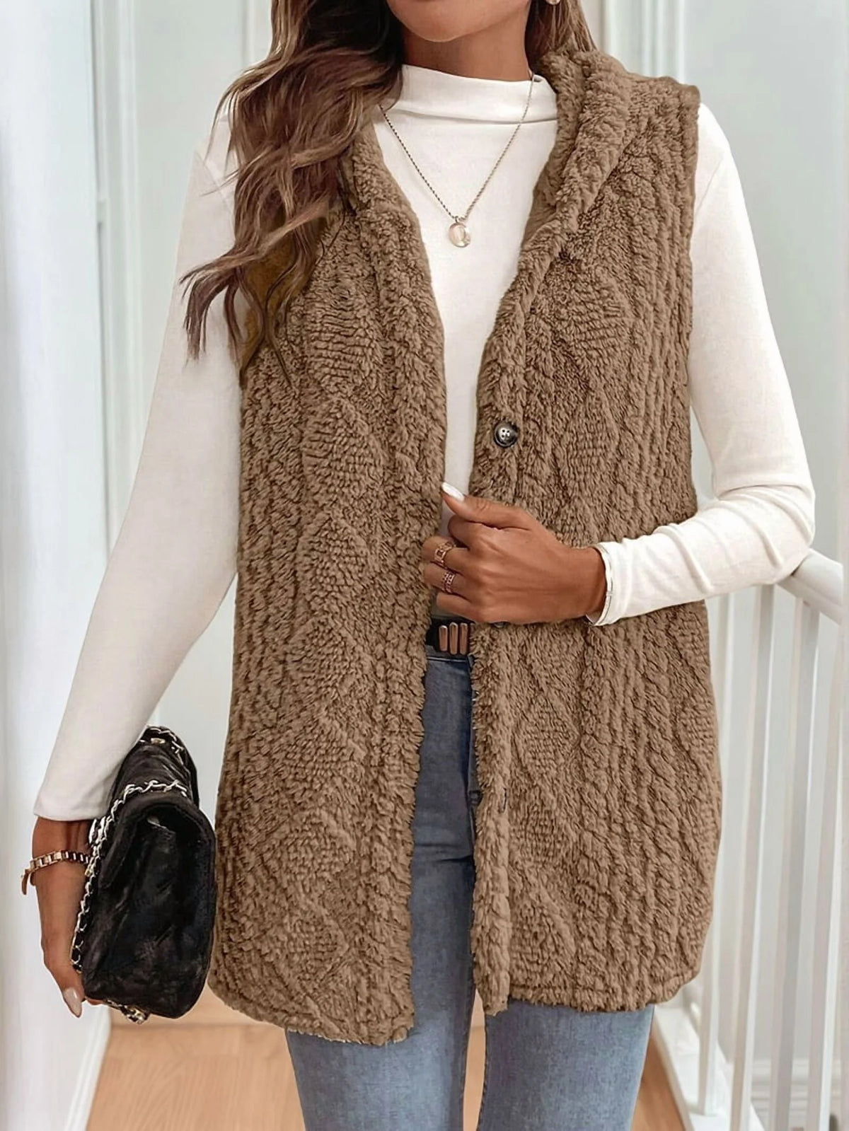 Oversized Fleece Hooded Cardigan Brown XL Y346331