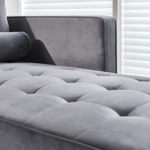 Gray Velvet Chaise Lounge Chair with Tufted Cushion O704
