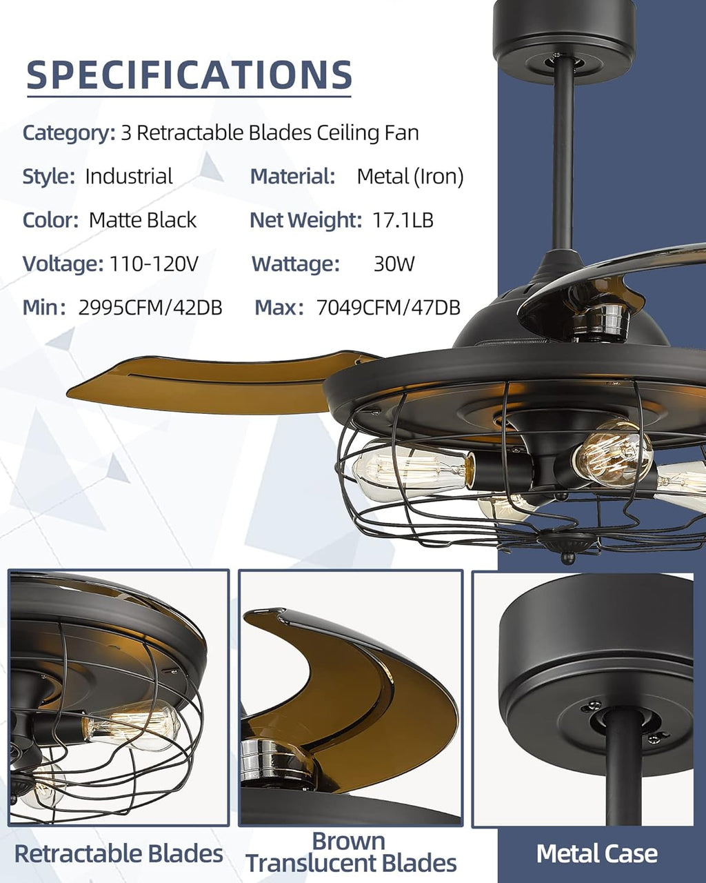 Retractable Ceiling Fan with Light and 3 Reversible Blades G59077