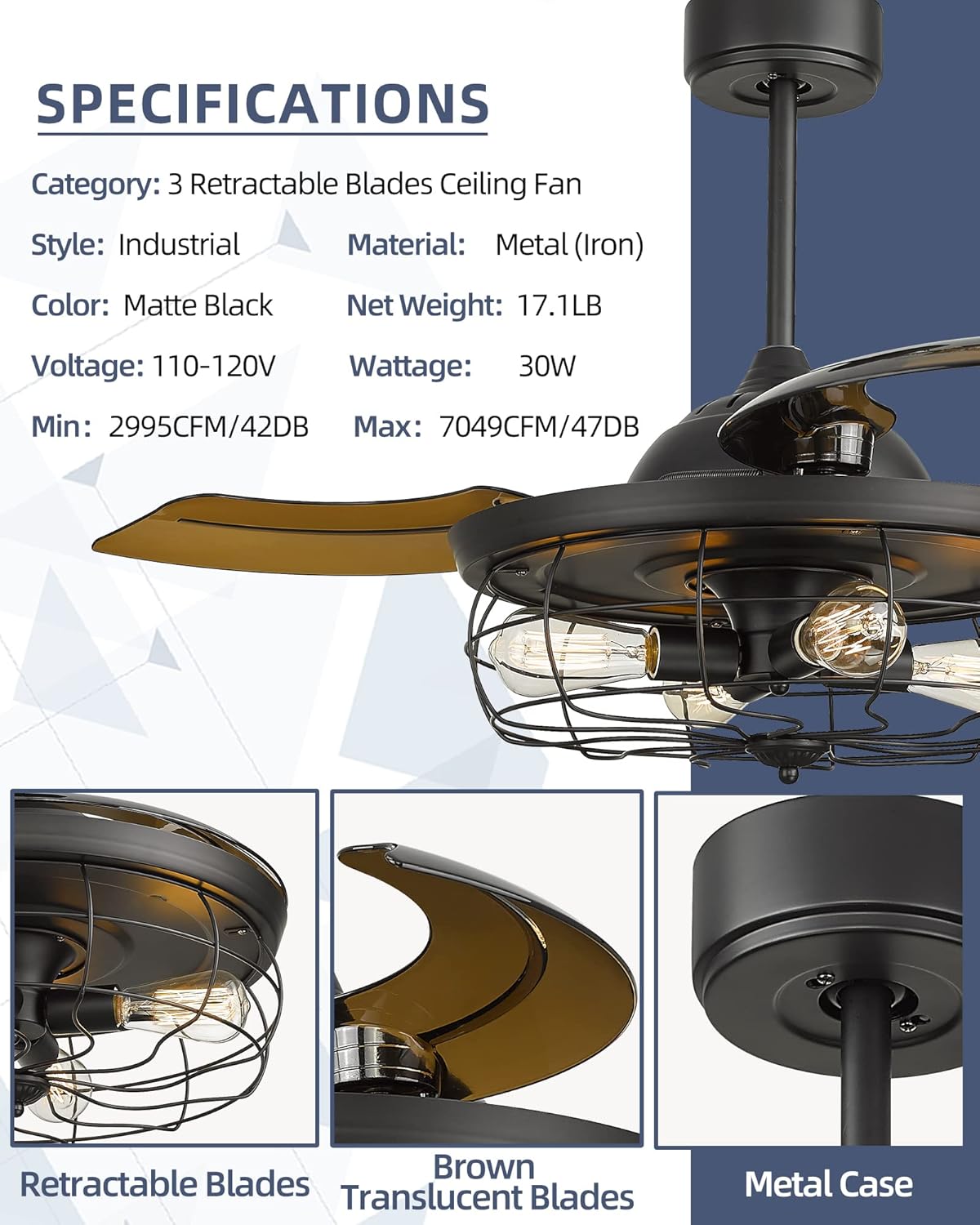 Retractable Ceiling Fan with Light and 3 Reversible Blades G59077