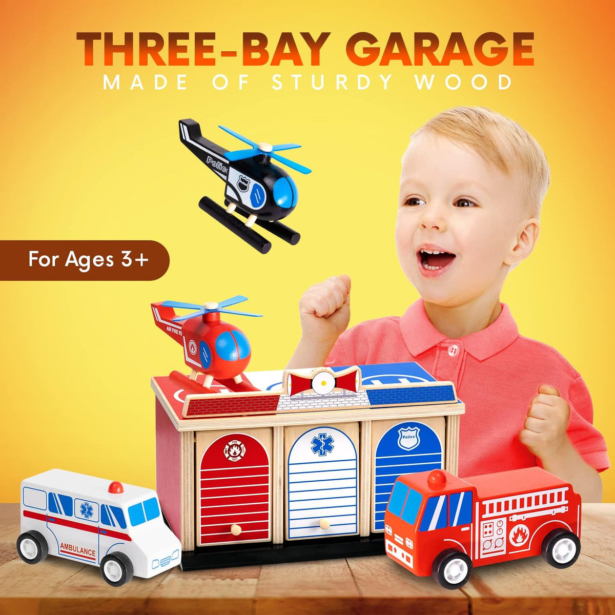 2-Level 3-Bay Parking Garage Toy Set with Fire Truck, Ambulance, Police Car, and 3 Rescue Helicopters L203332