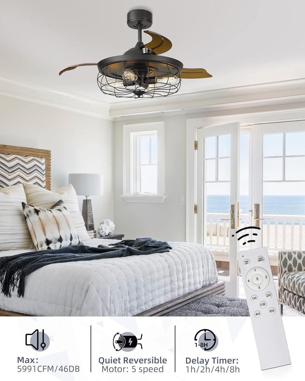 Retractable Ceiling Fan with Light and 3 Reversible Blades G59077
