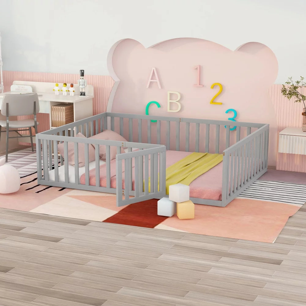 Queen Size Solid Wood Floor Bed Frame with Fence Rail and Door T50543