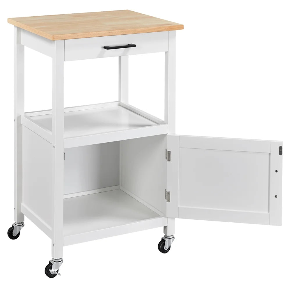 White Rolling Kitchen Island Cart with Wood Top W5978