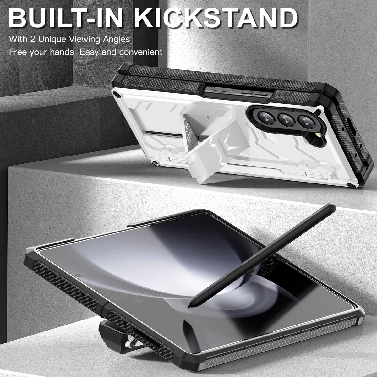 White Rugged Full Body Case with Built-in Glass Screen Protector Hinge Protection Hidden Kickstand Pen Slot Shockproof Armor Case U6242