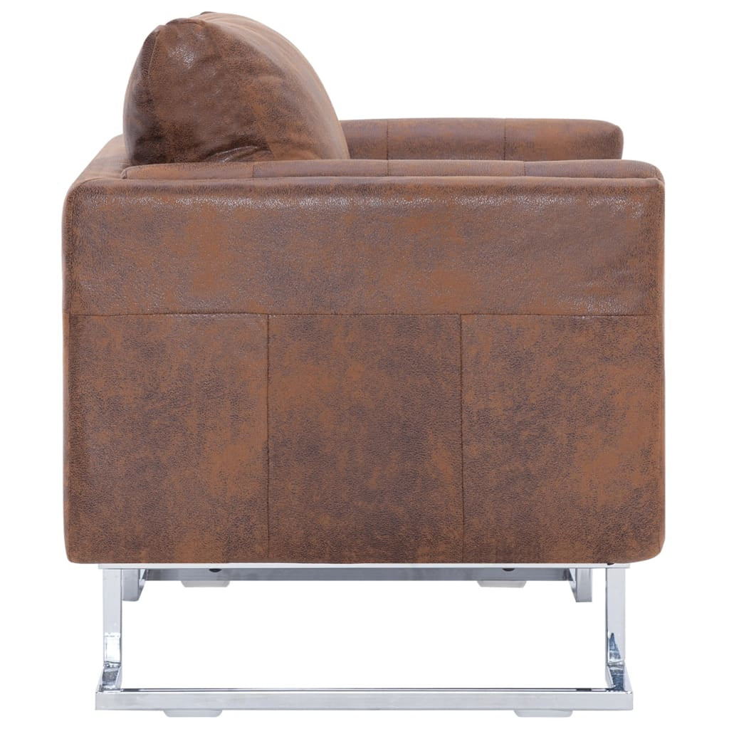 Cube Armchair Faux Suede Leather Upholstery Chair with Chrome Feet Brown G959