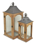 Set of 2 Brown Wood Frame Glass and Metal Top Lanterns I658