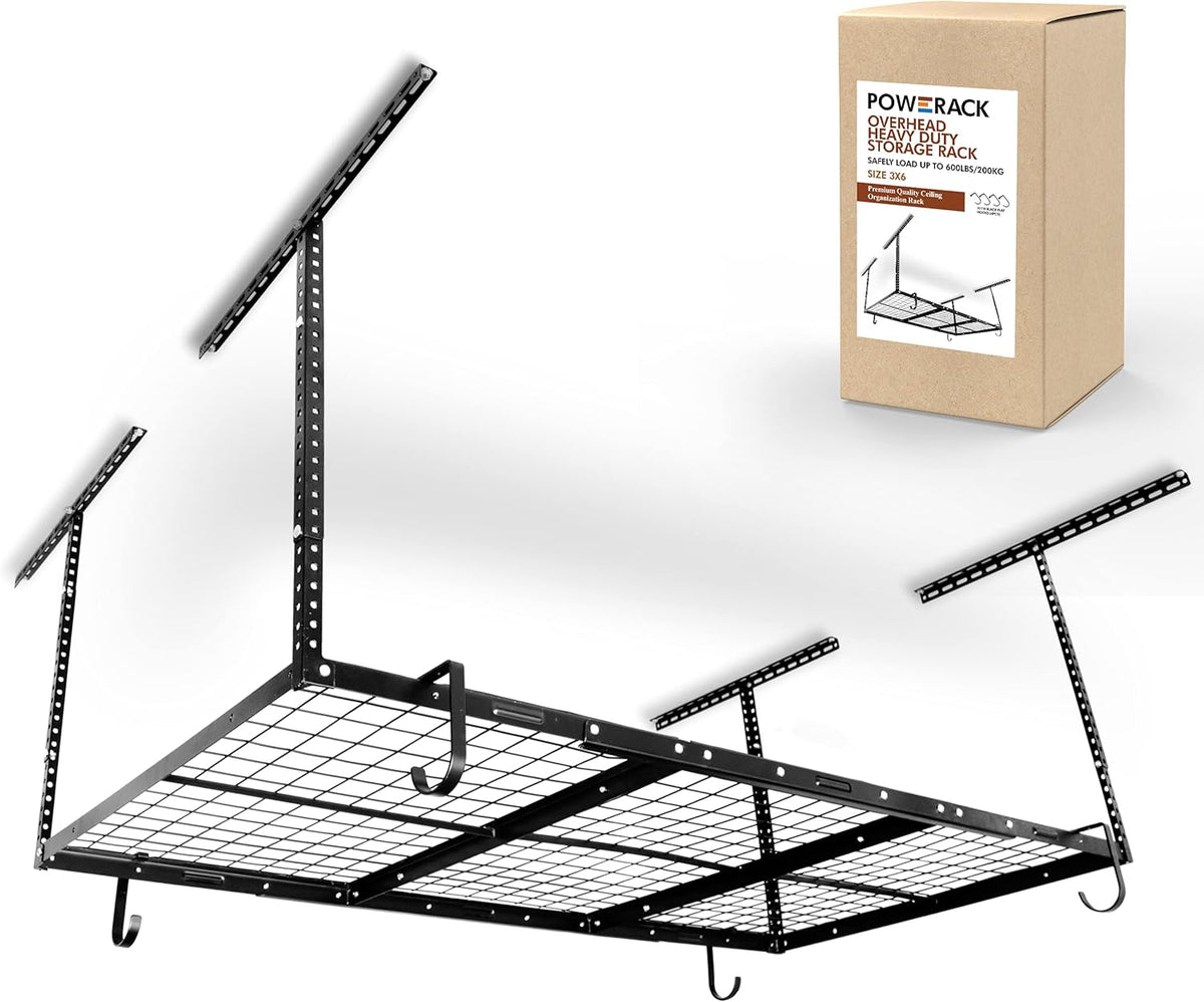 Overhead Garage Shelving Storage Rack, Adjustable 3’ x 6’, Heavy Duty Mounted Storage Shelves with 4 Flat Hooks E88559